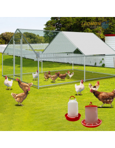 Gallinero galvanizado 6m² con estructura metálica y malla anticorrosión, incluye comedero, bebedero y kit de protección