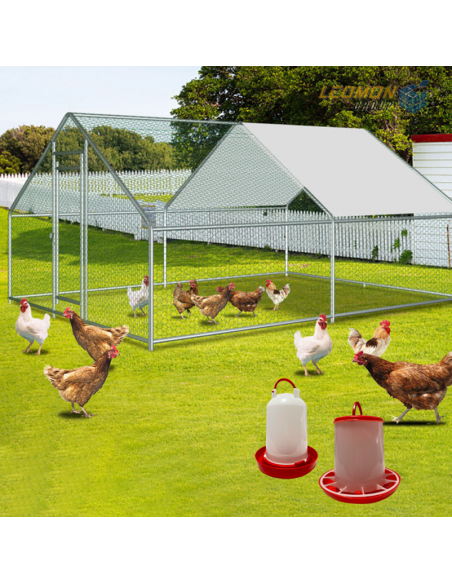 Gallinero galvanizado 6m² con estructura metálica y malla anticorrosión, incluye comedero, bebedero y kit de protección
